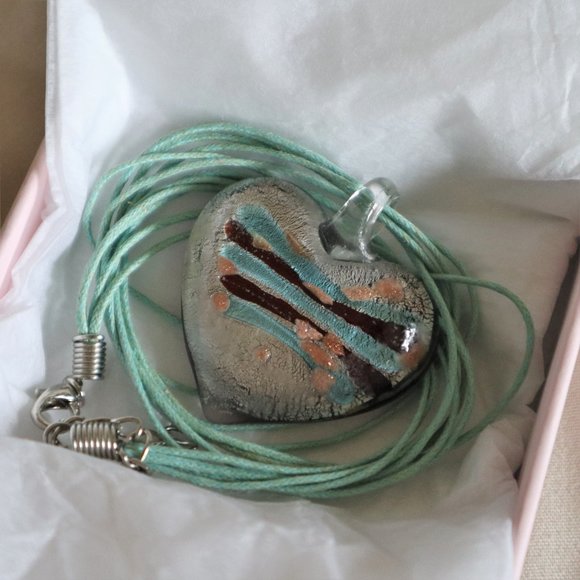 Unique Turquoise and Silver Glass Heart Necklace - Picture 5 of 5